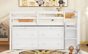 Loft Bed With Retractable Writing Desk And 4 Drawers, With Lateral Portable Desk And Shelves