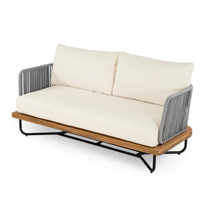 Lucca Outdoor 6 Seaters Acacia Wood and Rope Woven Patio Conversation Set
