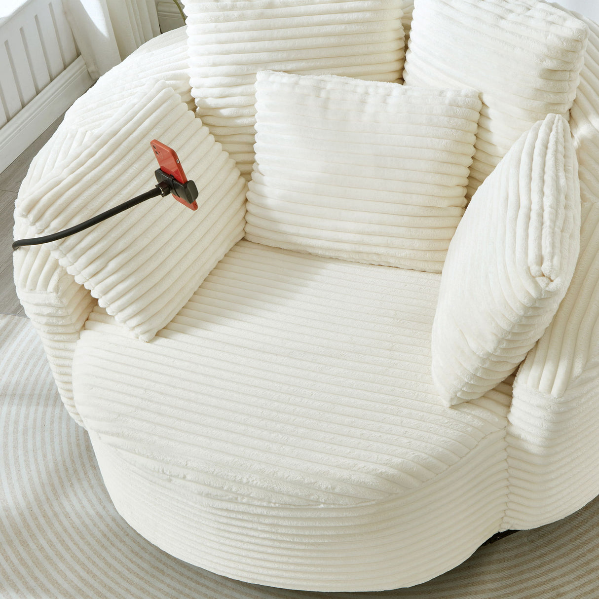 Swivel Accent Barrel Chair With Adjustable Phone Holder, 5 Pillows For Living Room