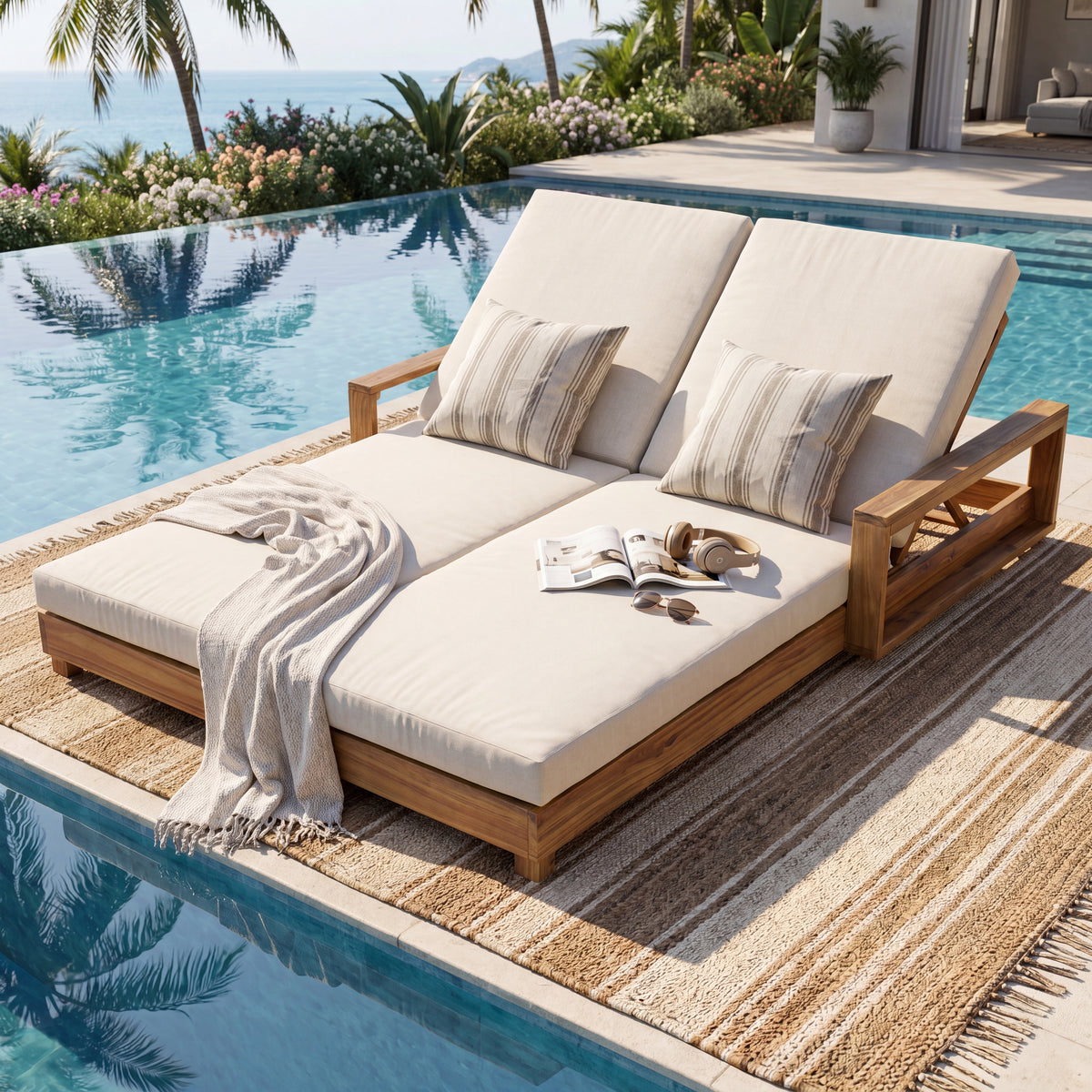 Double Acacia Wood Chaise Lounge Set