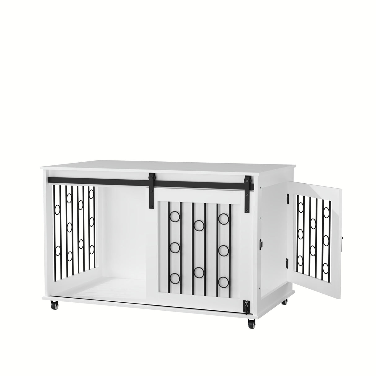 Dog Crate With Sliding Barn Door And Side Access, Lockable Wheels For Small To Medium Dogs - White
