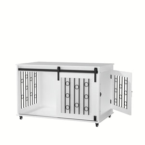 Dog Crate With Sliding Barn Door And Side Access, Lockable Wheels For Small To Medium Dogs - White