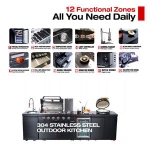 Black 118-Inch Outdoor Kitchen BBQ Island with Kamado and Stainless Steel Construction