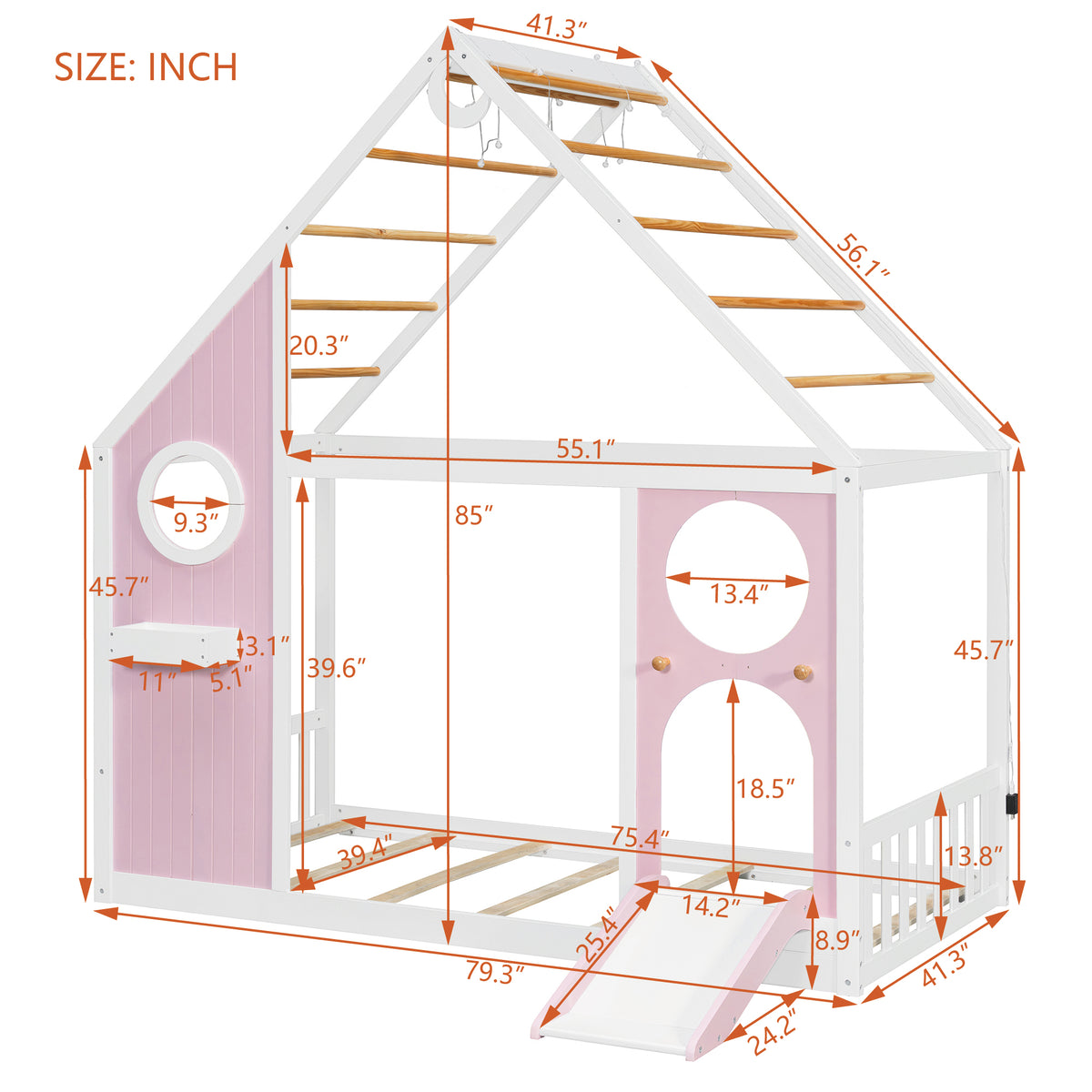 Twin House Bed with Slide, Ball Light Strip
