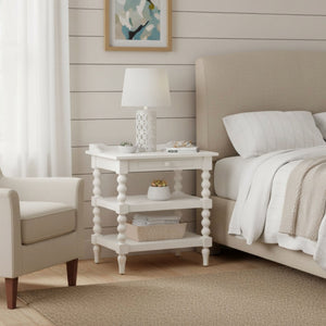 Aria - Nightstand With Styling, 2 Shelves, Pull Out Tray, Spool Turned Legs - Antique White
