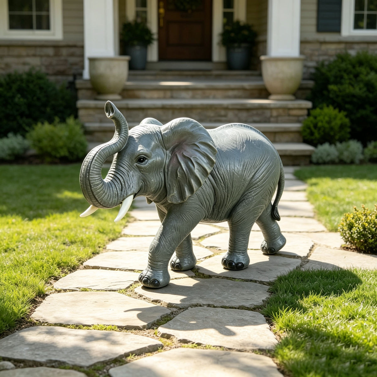 20'' Tall Resin Elephant Statue with Raised Trunk