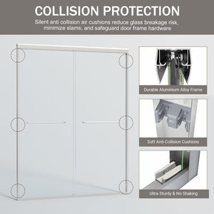 Double Sliding Shower Door, Semi-Frameless Bypass Bathroom Sliding Door With 1/4" (6 Mm) Tempered Glass For Walk-In Shower