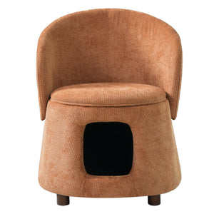 Orange Pet Friendly Chair with Hidden Pet Nook, Convertible Stool, and Storage Seat