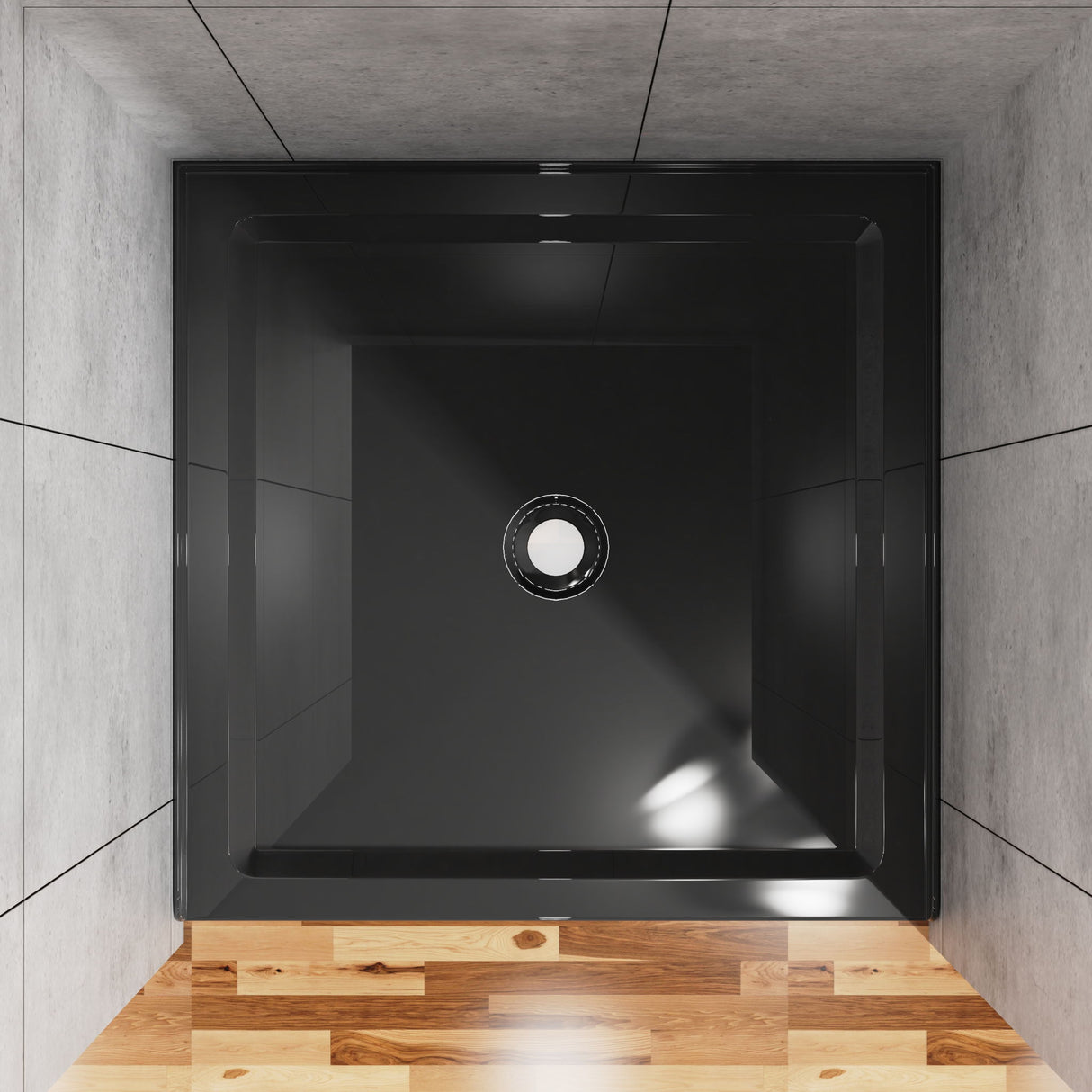 Shower Base, Anti Slip Center Drain Single Threshold - Black