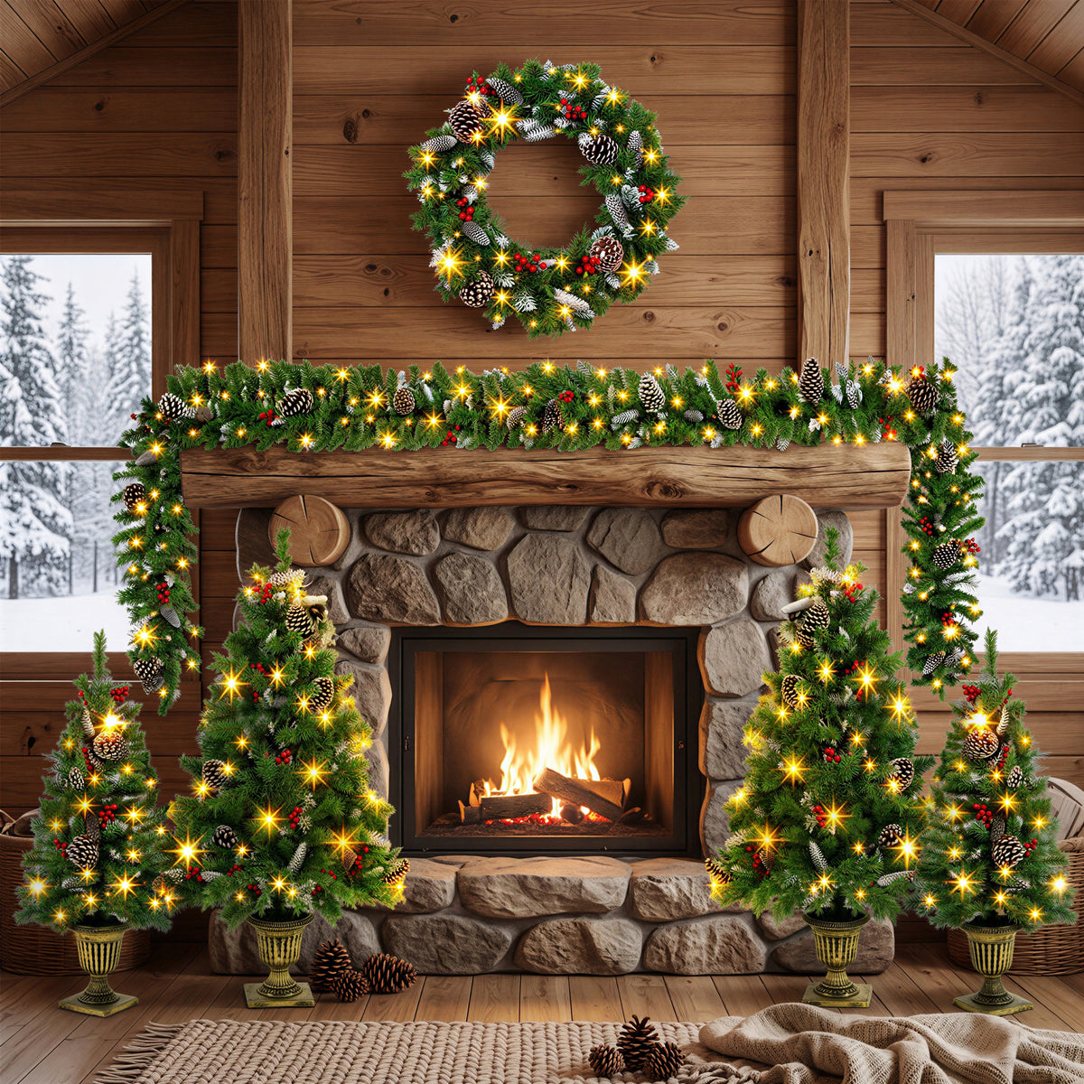 6-Piece Christmas Tree Set – 4 Trees with Sturdy Bases, 1 Pre-Lit Wreath, 1 Garland, Warm