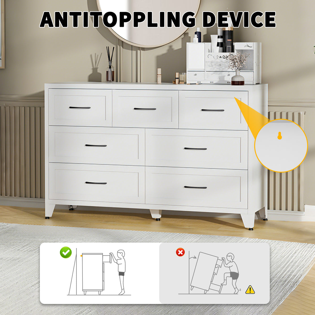 7-Drawer Dresser, Wide Low-Profile Storage Cabinet with Steel Construction