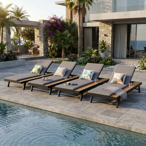 Black Iron + Teak Finish Outdoor Chaise Lounge Set