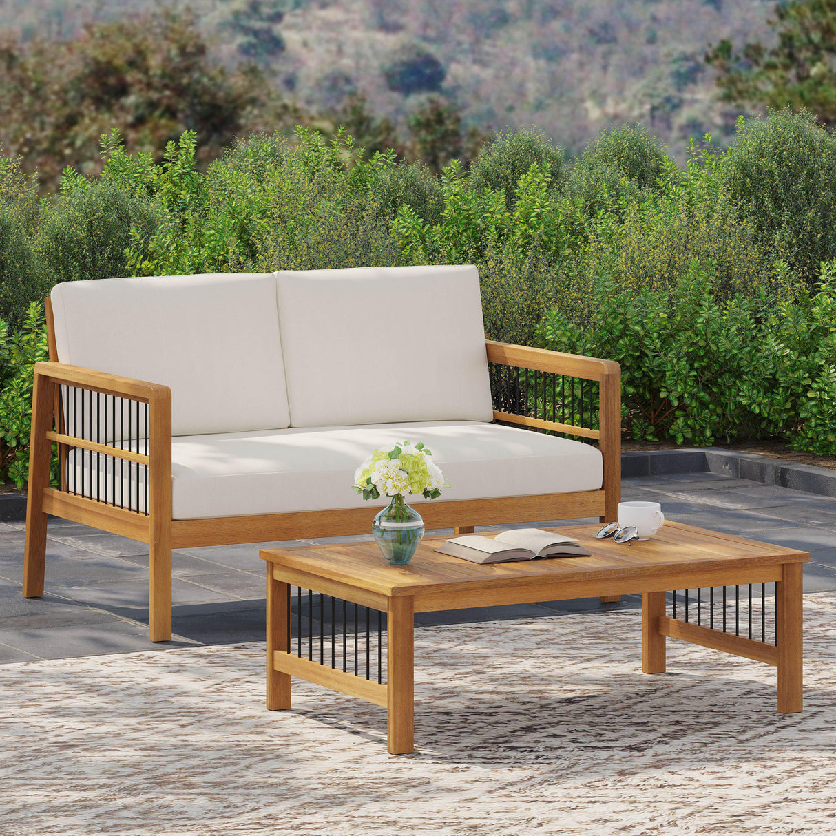 Outdoor Acacia Wood and Iron Loveseat and Coffee Table Set with Cushions, Teak