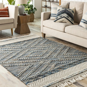 Blue Bogwalk Wool Blend Braided Tassel  Area Rug - Clearance