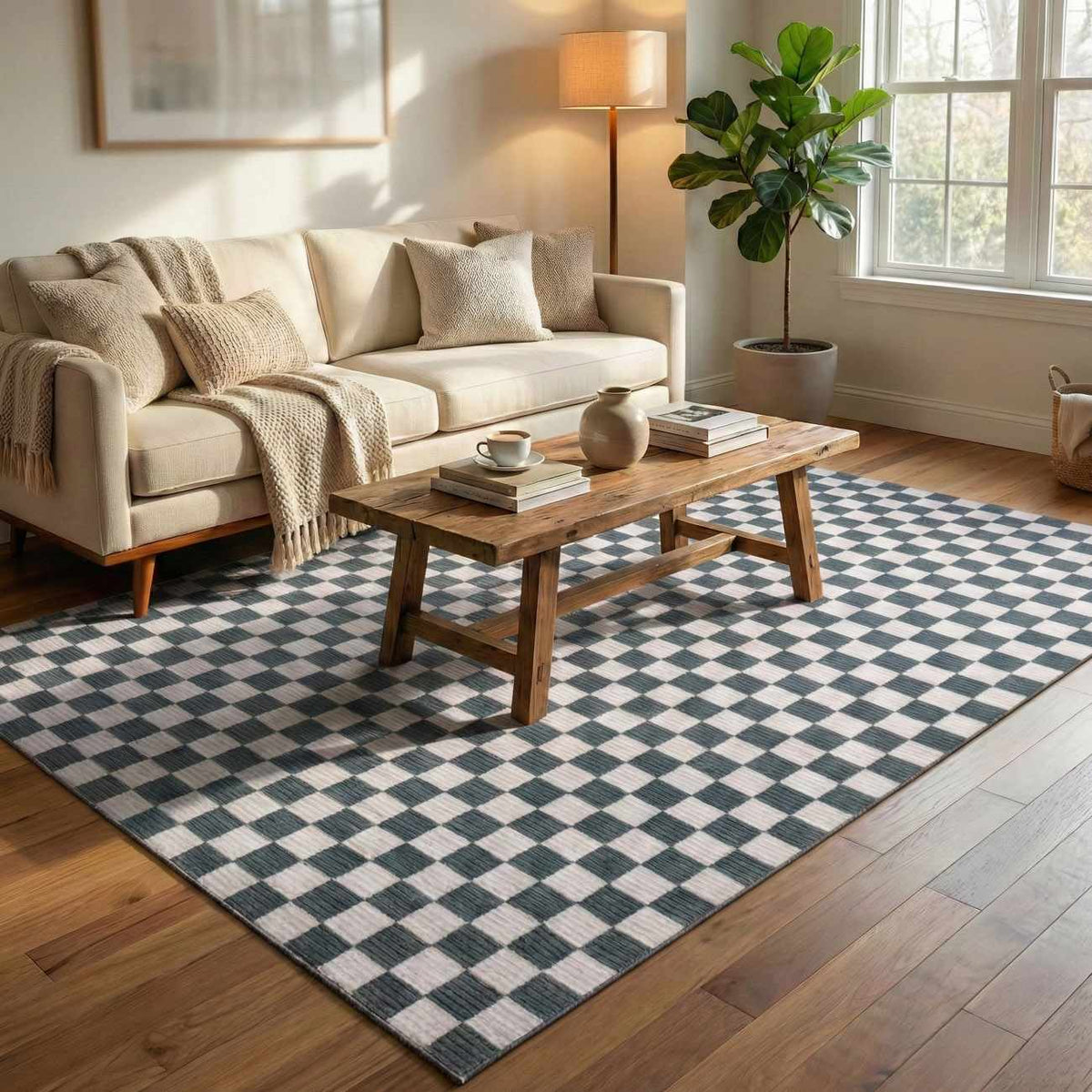 Kaysar Oil Green Checkered Washable Area Rug