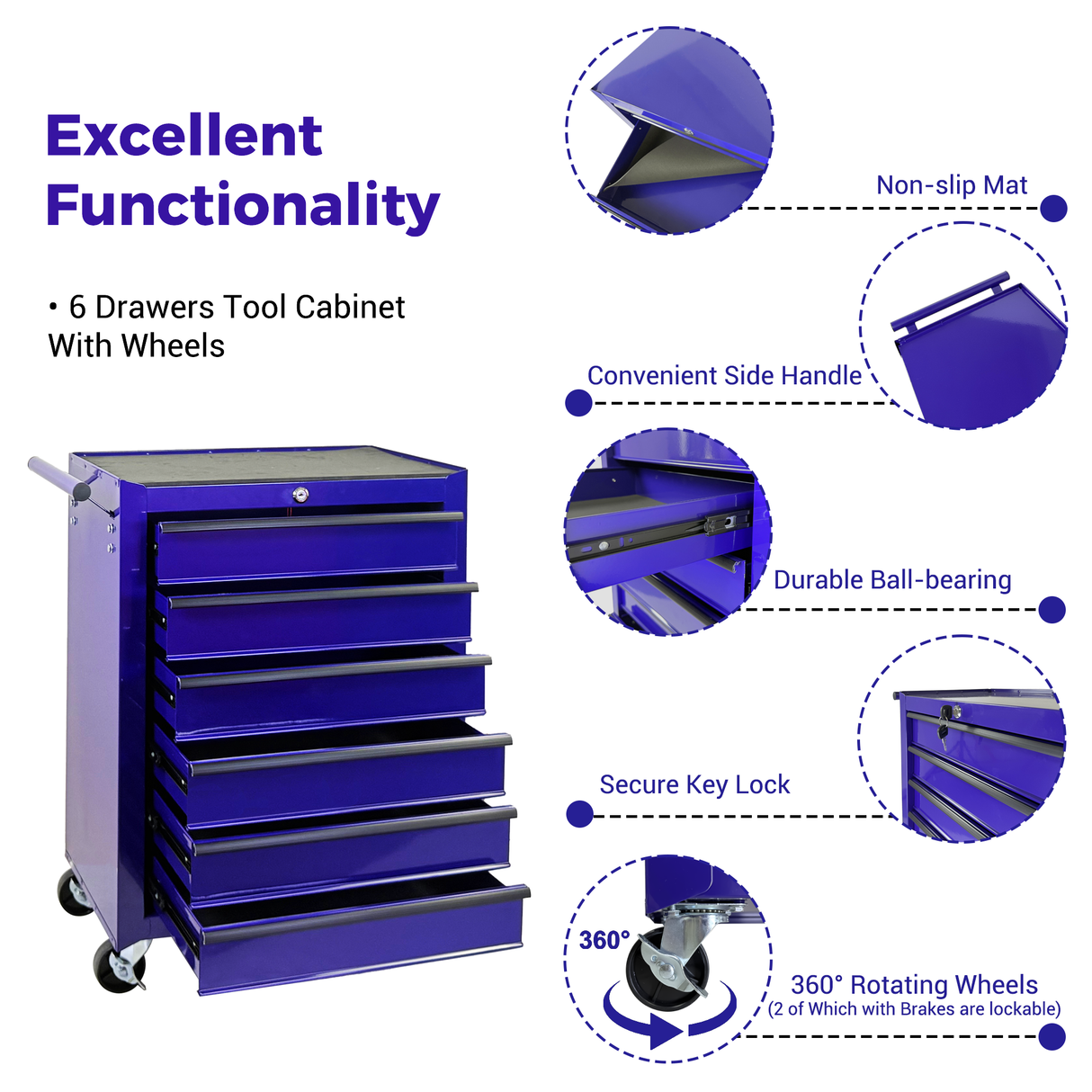 Rolling Metal Tool Chest with 6 Drawers, 20" Cabinet - Purple