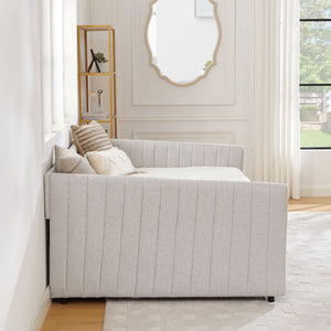 Upholstered Daybed With Trundle With Vertical Stripes