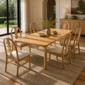 7-Piece Dining Table Set, 70" Solid Rubber Wood Dining Table with 6 Wave Back Dining Chairs