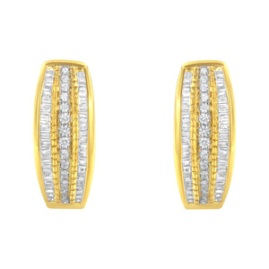 10K Yellow Gold 3/4 Cttw Pave and Channel Set Diamond Triple Row Modern Hoop Earrings (I-J Color, I2-I3 Clarity)