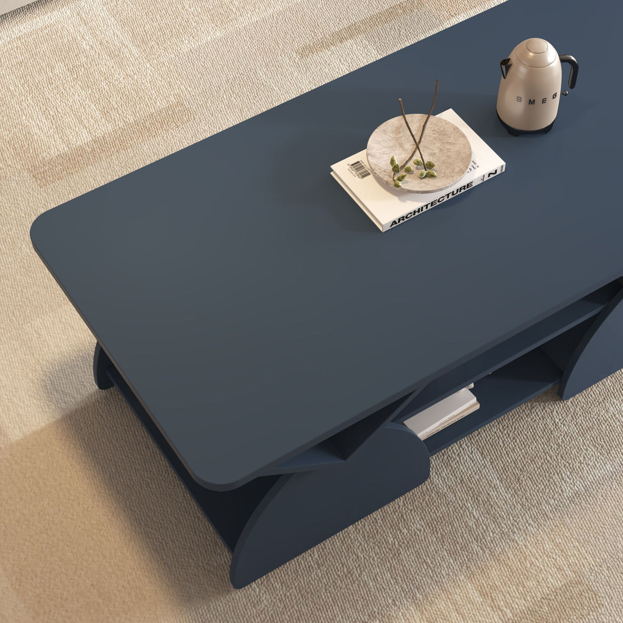 Geometric Engineered Coffee Table With Rounded Corners With Open Shelves