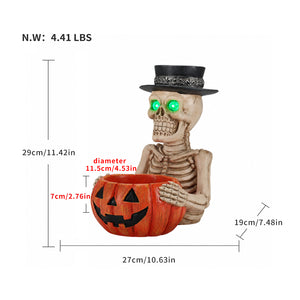 Halloween Skeleton Figurine with Pumpkin Candy Bowl & Candle Holder