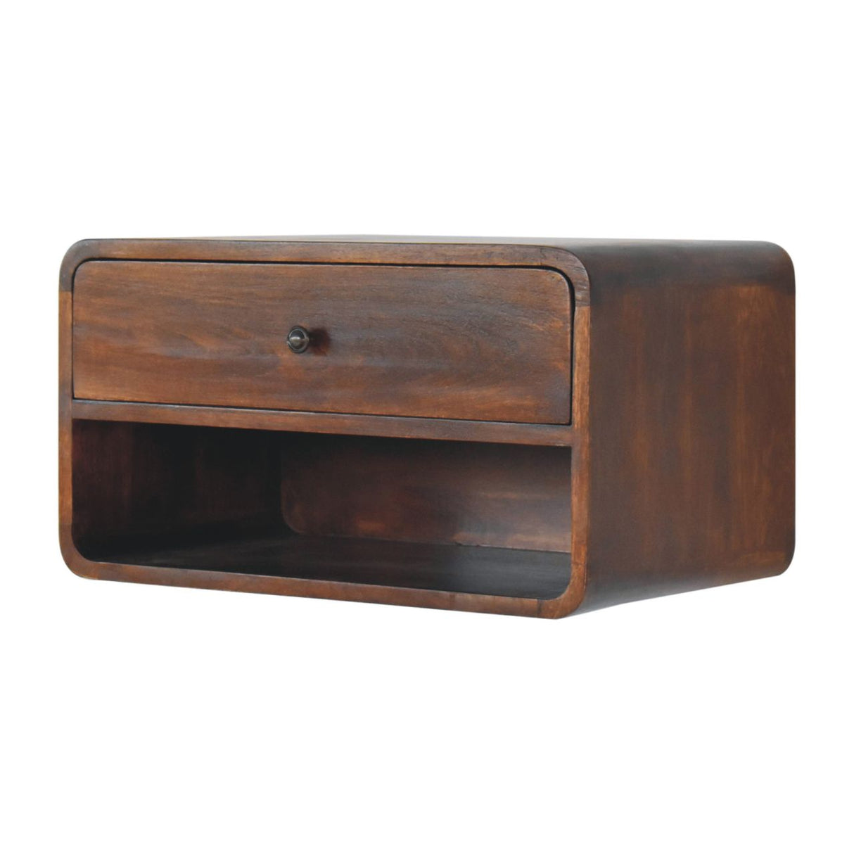 Solid Wood Large Curve Floating Bedside, 1-Drawer, 1 Open Slot, Chestnut