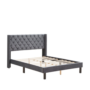 Velvet Button Tufted Upholstered Bed with Wings Design - Queen
