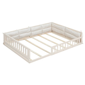 Wood Full Size Upholstered Platform Bed with Guardrail and Pillow