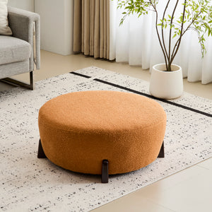 Modish Round Ottoman: Boucle Top with Splayed Rubber Wood Legs, Pumpkin