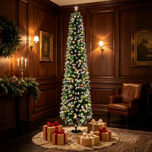 8ft Flocked Pencil Prelit Christmas Tree, Dual-Color