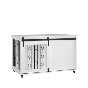 Dog Crate With Sliding Barn Door And Side Access, Lockable Wheels For Small To Medium Dogs - White