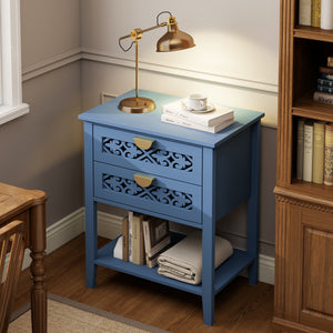 Dusty Blue 2-Drawer Nightstand with Carved Lattice Fronts, Gold Pulls