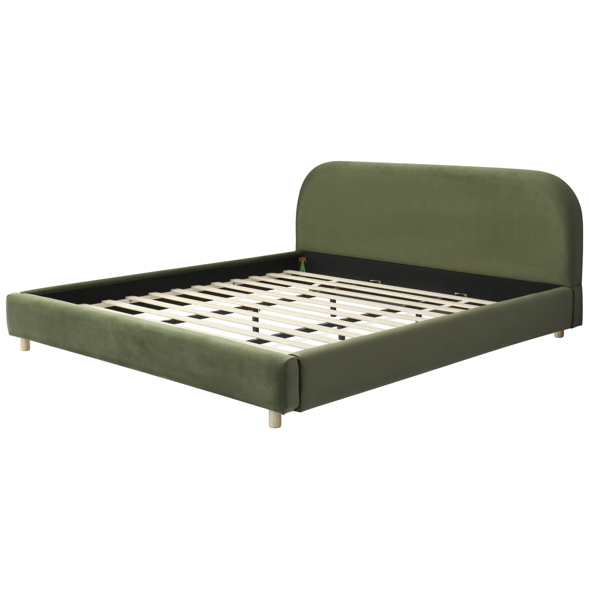 California King Size Upholstered Bed Frame With Velvet Fabric And Curve Design Thick Headboard, Solid Wood Legs, Olive