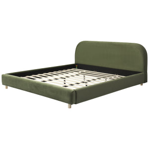 California King Size Upholstered Bed Frame With Velvet Fabric And Curve Design Thick Headboard, Solid Wood Legs, Olive