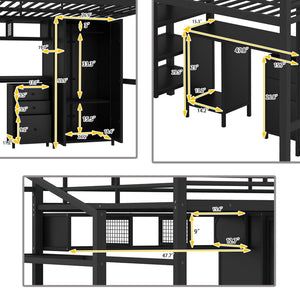 Full Size Loft Bed With Desk Set And Wardrobe - Black