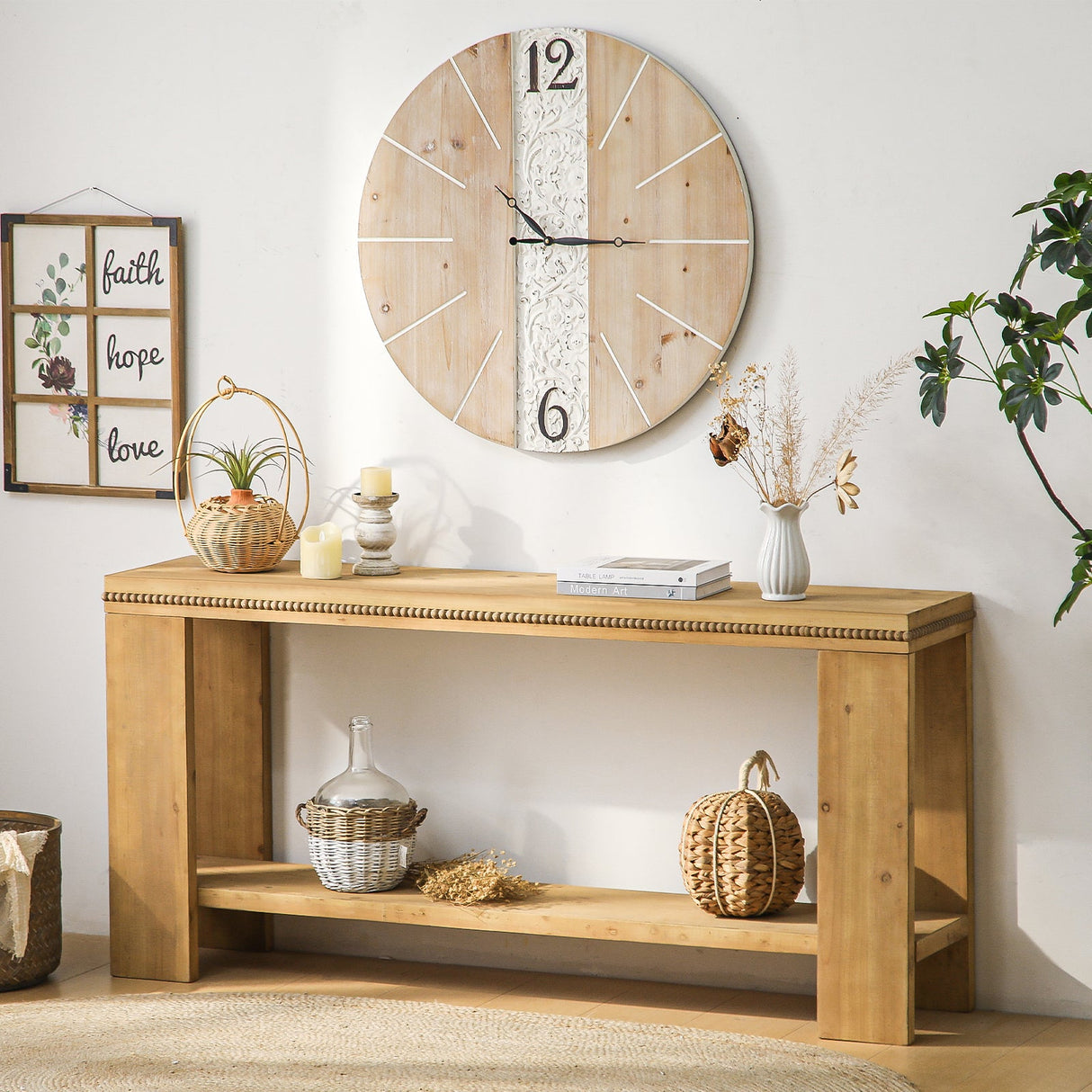 63" Boho Console Table with Storage Shelf – Rustic Farmhouse Sofa Table