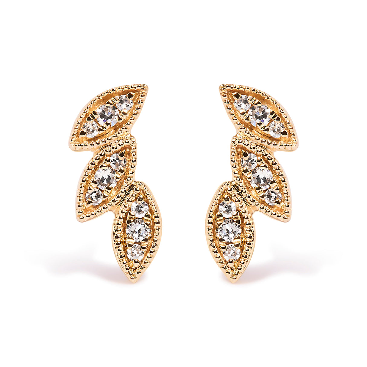 10K Yellow Gold 1/10 Cttw Diamond Triple Leaf Stud Earring (H-I Color, I1-I2 Clarity)