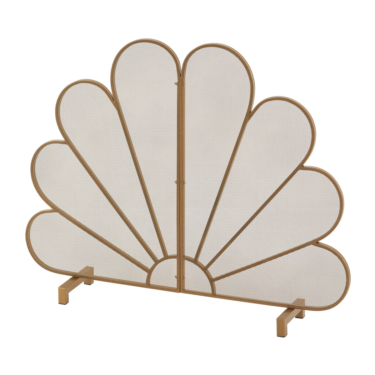 Gold Fan-Shaped Fireplace Screen with Mesh Spark Barrier - Gold