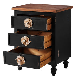 Vintage Farmhouse End Table with Floral Knobs, 19-Inch, 3-Drawer Nightstand, Antique Black