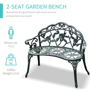 Outsunny Cast Aluminum Outdoor Bench, Green, Floral Rose Accent