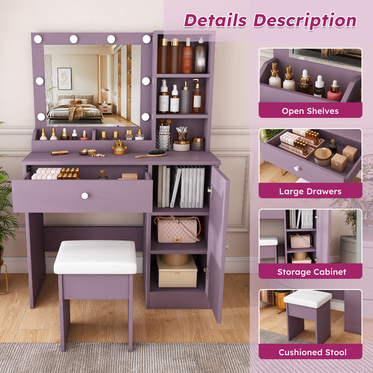 Stylish Vanity Desk Set with Padded Stool & Adjustable Lighted Mirror