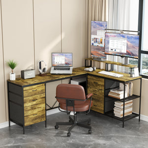 Industrial L Shaped Desk With Power Hub With 6 Drawers And Adjustable Monitor Stands - Brown