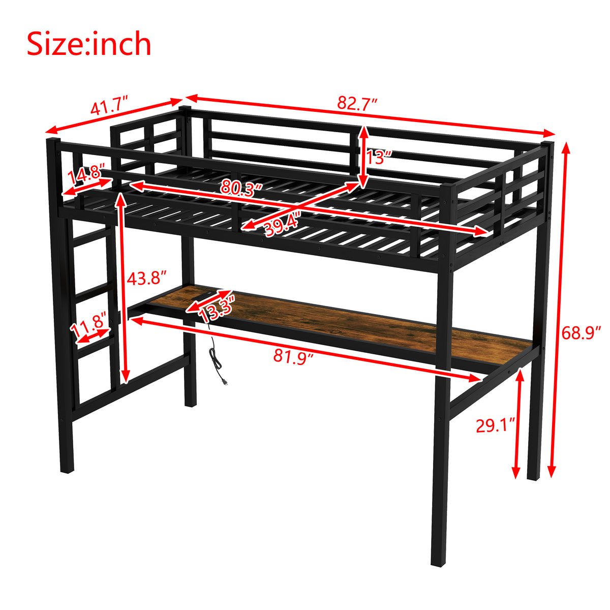 Metal Twin XL Size Loft Bed with Power Outlet and LED Light