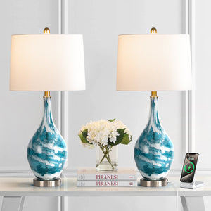 28" Modern Blue Glass Table Lamp with USB Port, Set of 2