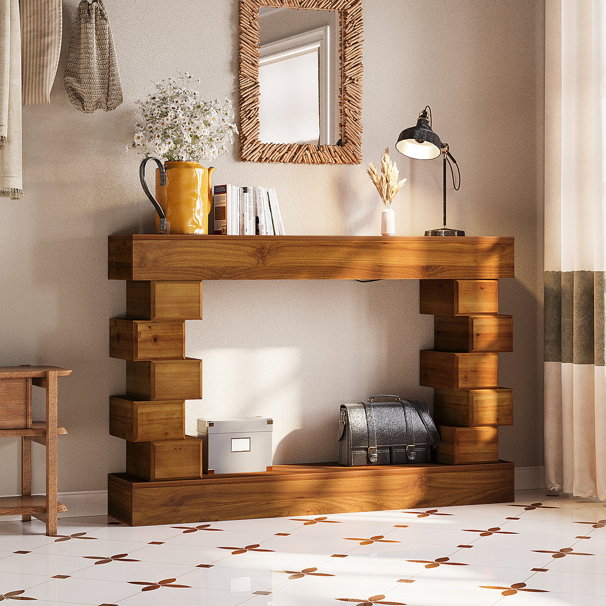 Geometric Block Stacked Wood Console Table
