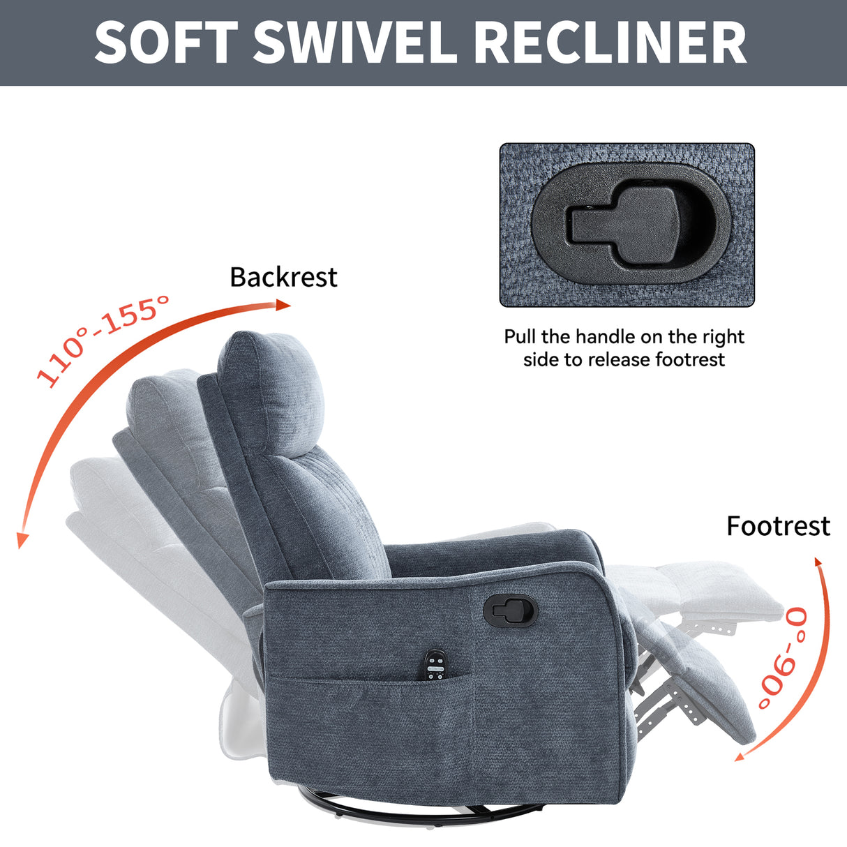 Blue Heat Massage Manual Recliner Chair with Rocker and Swivel