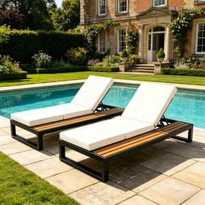 Black Iron & Teak Finish Chaise Lounge Set