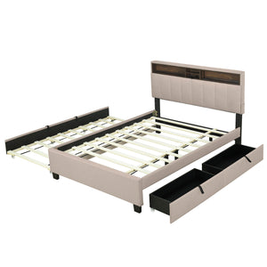 Upholstered Platform Bed With Storage Headboard, Trundle & 2 Drawers And A Set Of Sockets & USB Ports