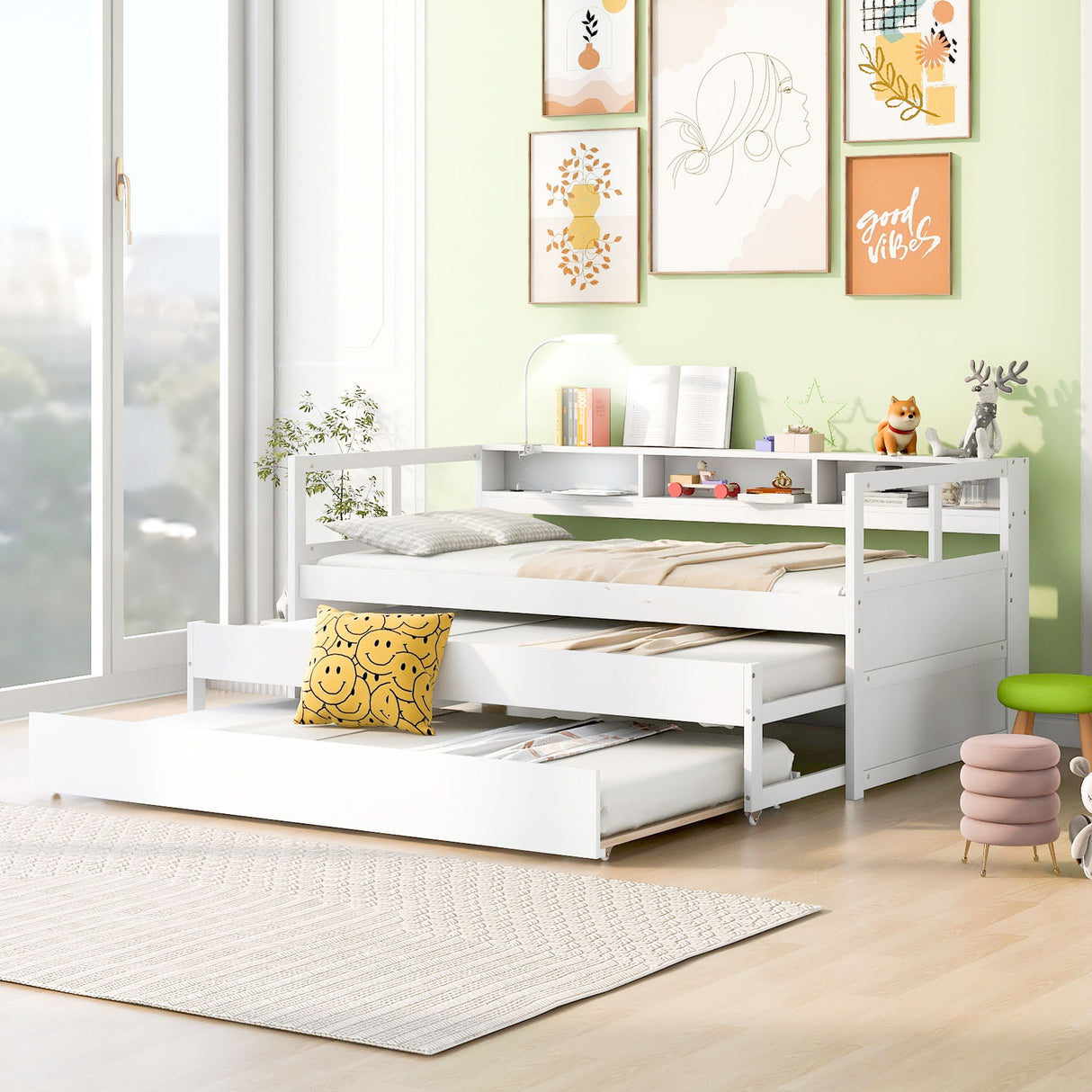Daybed With 2 Trundles, 3 Storage Cubbies, Built In USB Charging Light