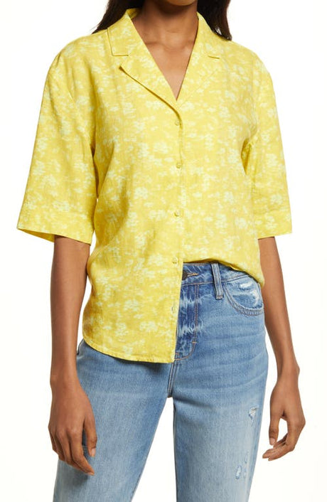 Women's Yellow Hazy Floral Linen Blend Camp Shirt - Medium